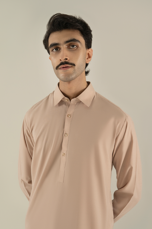 Picture of Black Pearl - Wash & Wear | Beige Collar Kameez Shalwar - Available at Raja Sahib