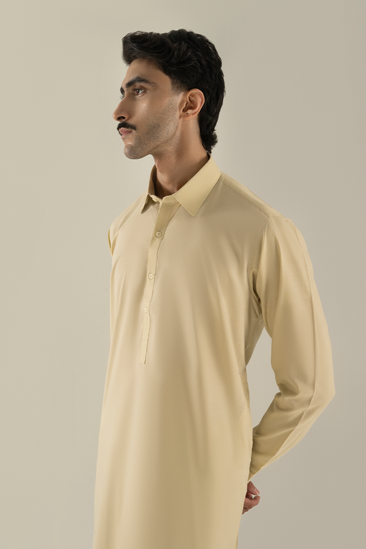 Picture of Black Pearl - Wash & Wear | Cream Collar Kameez Shalwar - Available at Raja Sahib