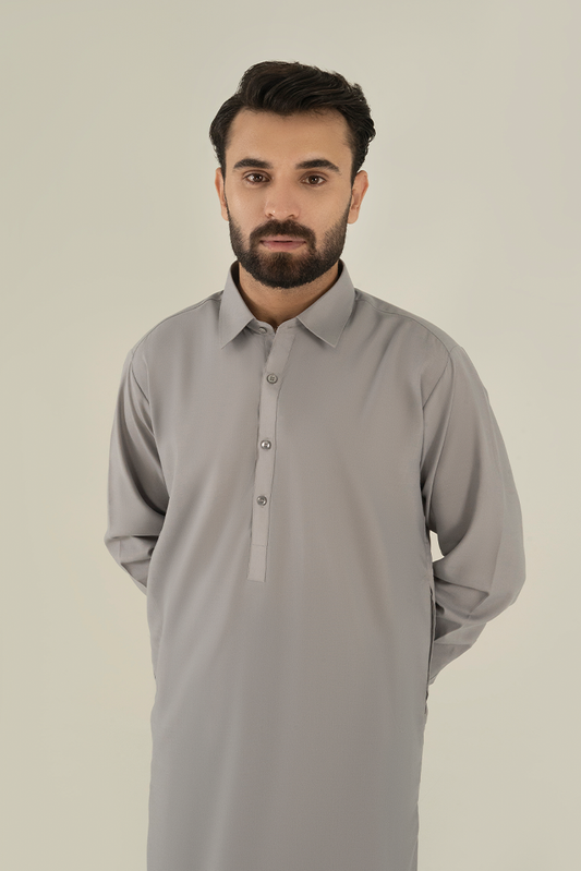 Picture of Black Pearl - Wash & Wear | Grey Collar Kameez Shalwar - Available at Raja Sahib