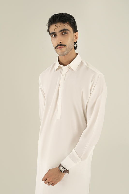 Picture of Black Pearl - Wash & Wear | Off White Collar Kameez Shalwar - Available at Raja Sahib