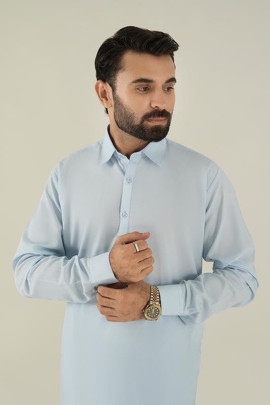 Picture of Black Pearl - Wash & Wear | Sky Blue Collar Kameez Shalwar - Available at Raja Sahib
