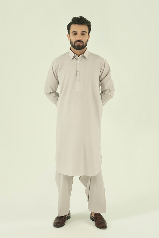 Picture of Black Pearl - Wash & Wear | Silver Collar Kameez Shalwar - Available at Raja Sahib