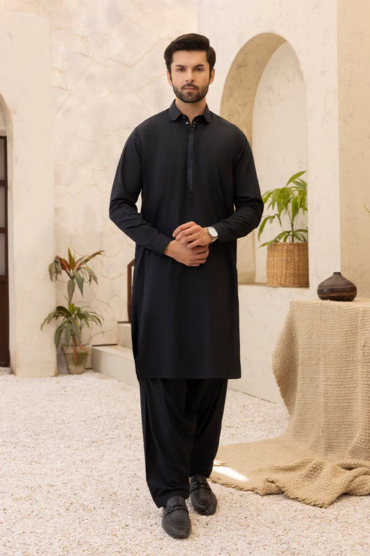 Picture of Black Pearl - Wash & Wear | Black Collar Shalwar kameez - Available at Raja Sahib