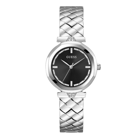 Picture of Guess Rumour Silver Stainless Steel Black Dial Quartz Watch for Ladies - GW0613L1 - Available at Raja Sahib