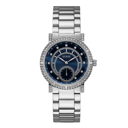 Picture of Guess Silver Stainless Steel Blue Dial Quartz Watch for Ladies - W1006L1 - Available at Raja Sahib