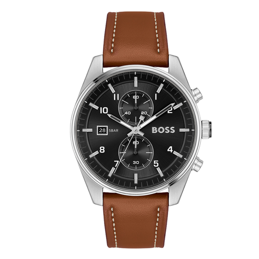 Picture of Hugo Boss Skytraveller Brown Leather Strap Black Dial Chronograph Quartz Watch For Gents - Boss 1514161 - Available at Raja Sahib