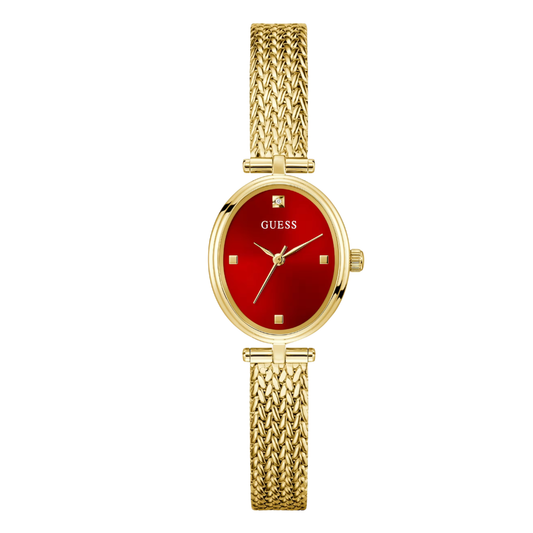 Picture of Guess Ruby Gold Mesh Bracelet Red Dial Quartz Watch for Ladies - G0935L4 - Available at Raja Sahib