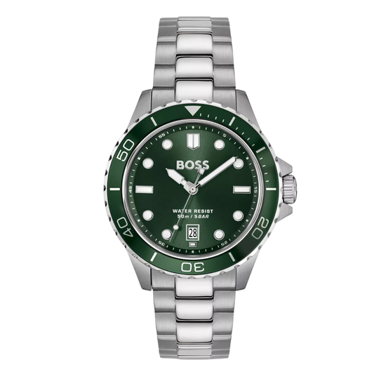 Hugo Boss Silver Stainless Steel Green Dial Quartz Watch For Gents - Hugo Boss 1514294