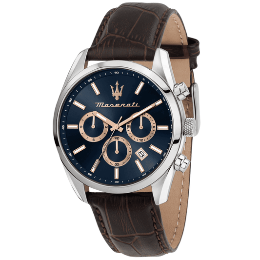 Maserati Attraction Limited Edition Brown Leather Strap Dark Blue Dial Chronograph Quartz Watch for Gents - R8851151003