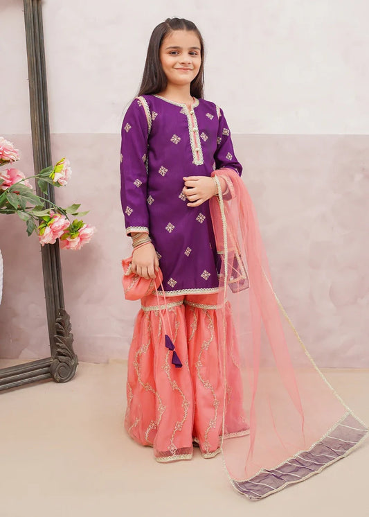 Picture of Modest - 3 Piece Purple Embroidered Rawsilk Gharara - Available at Raja Sahib