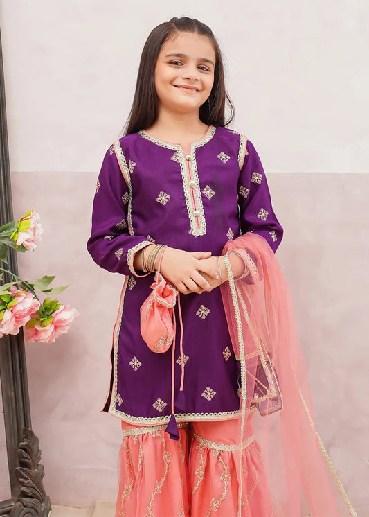 Picture of Modest - 3 Piece Purple Embroidered Rawsilk Gharara - Available at Raja Sahib