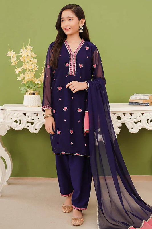Picture of Modest - 3 Piece Embroidered Blue Chiffon Suit - Available at Raja Sahib