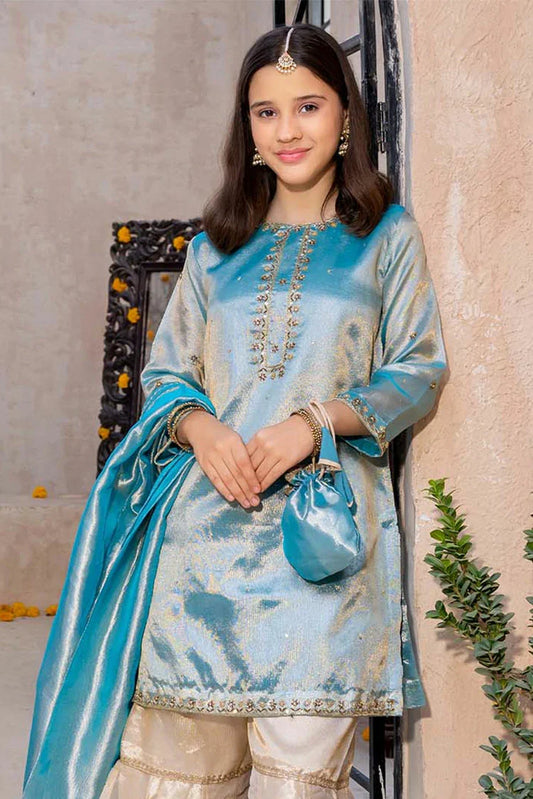 Picture of Modest - Meethi Eid - 3 Piece Blue Embroidered Maysuri Gharara - Available at Raja Sahib