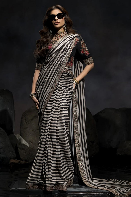 Picture of Charizma - Seher Premium Hand Work & Embroidered Formal Chiffon Saree Collection Vol 1 - CSS6-01 - Unstitched - Available at Raja Sahib