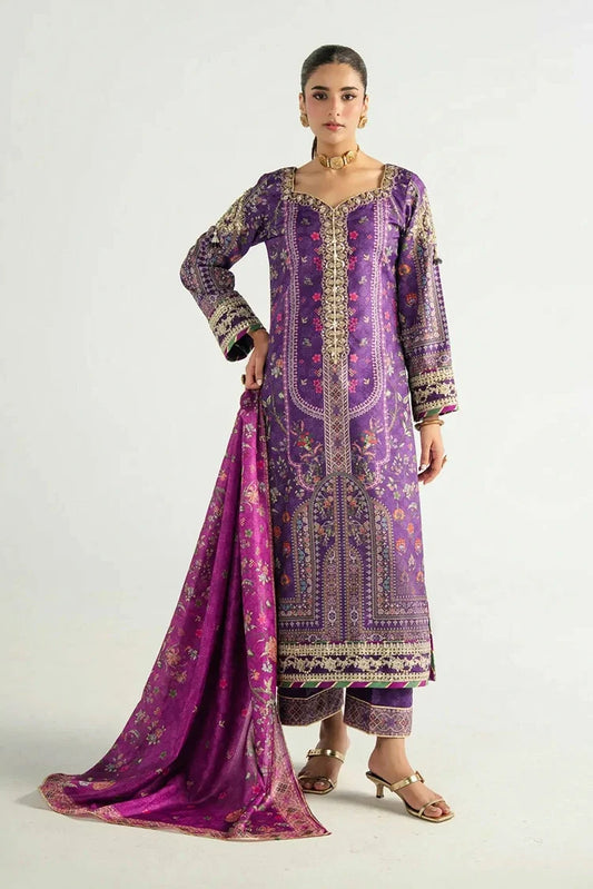 Gulaal - Aira Printed Silk - GS-16-Plum Noir - Unstitched