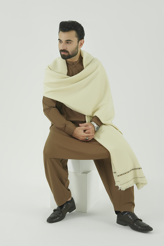 Picture of Black Pearl - Off White Wool Blend Shawl - Available at Raja Sahib