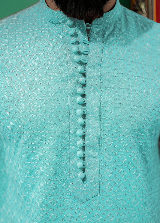 Picture of Label M - Chikankari Kurta Collection - Ice Blue - Available at Raja Sahib