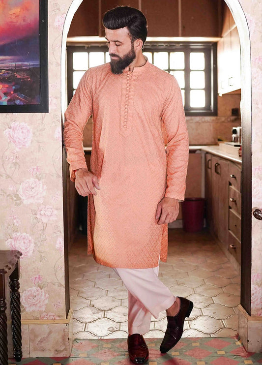 Picture of Label M - Chikankari Kurta Collection - Peachy Pink - Available at Raja Sahib