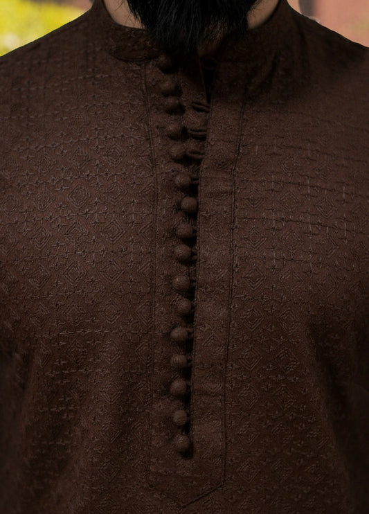 Picture of Label M - Chikankari Kurta Collection - Chocolate Brown - Available at Raja Sahib