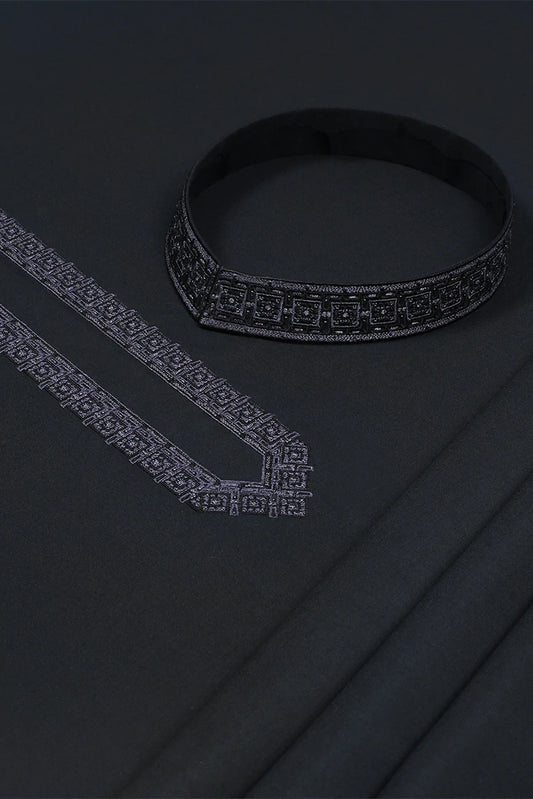 Picture of Fabrich - Men's Unstitch Embroidered Neckline Kameez Shalwar - Black - Available at Raja Sahib