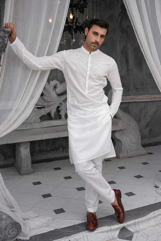 Picture of Fabrich - Men's Embroidered Unstitch Kameez Shalwar - Snow White - Available at Raja Sahib