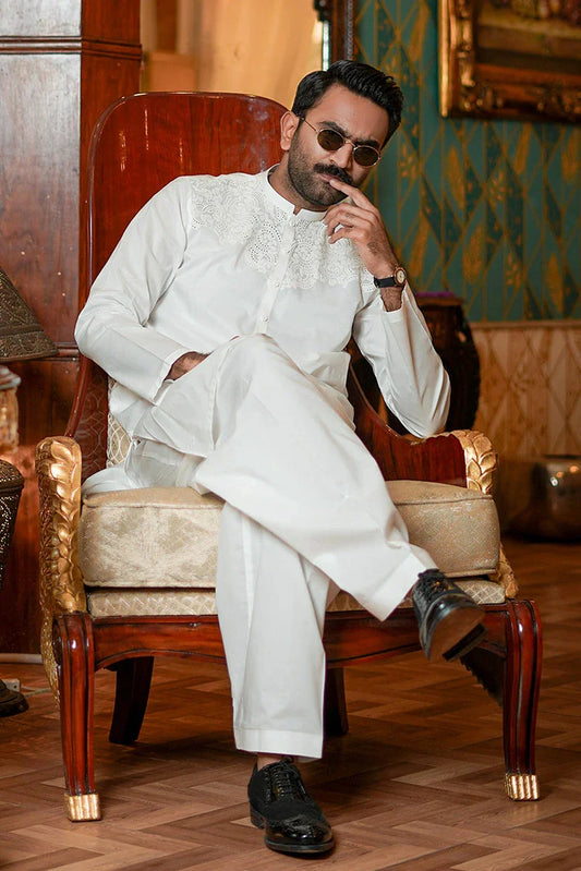 Picture of Fabrich - Men's Embroidered Unstitch Kameez Shalwar - Off White - Available at Raja Sahib