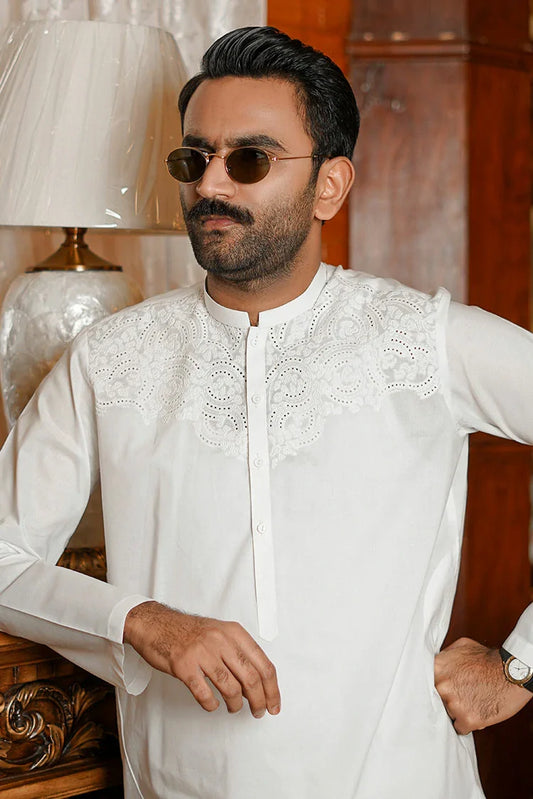 Picture of Fabrich - Men's Embroidered Unstitch Kameez Shalwar - Off White - Available at Raja Sahib