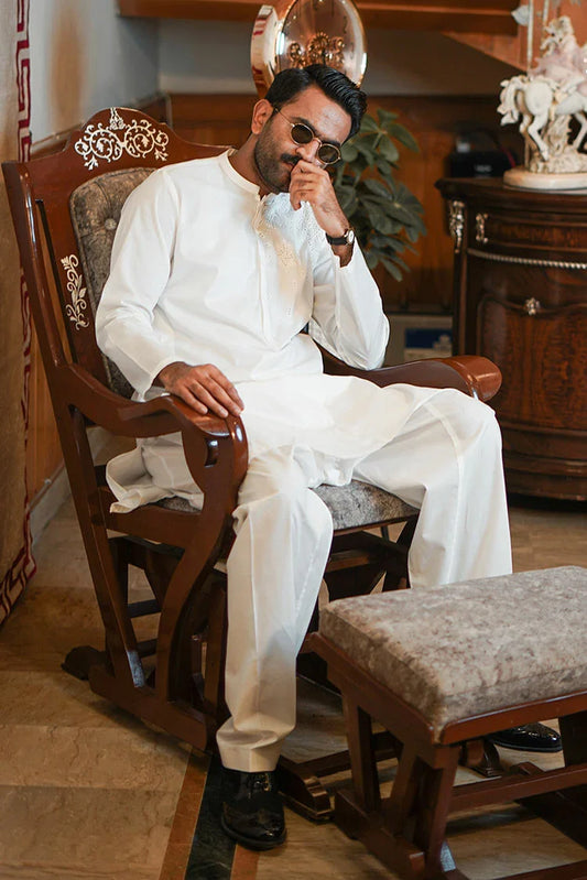 Picture of Fabrich - Men's Embroidered Unstitch Kameez Shalwar - Off White - Available at Raja Sahib