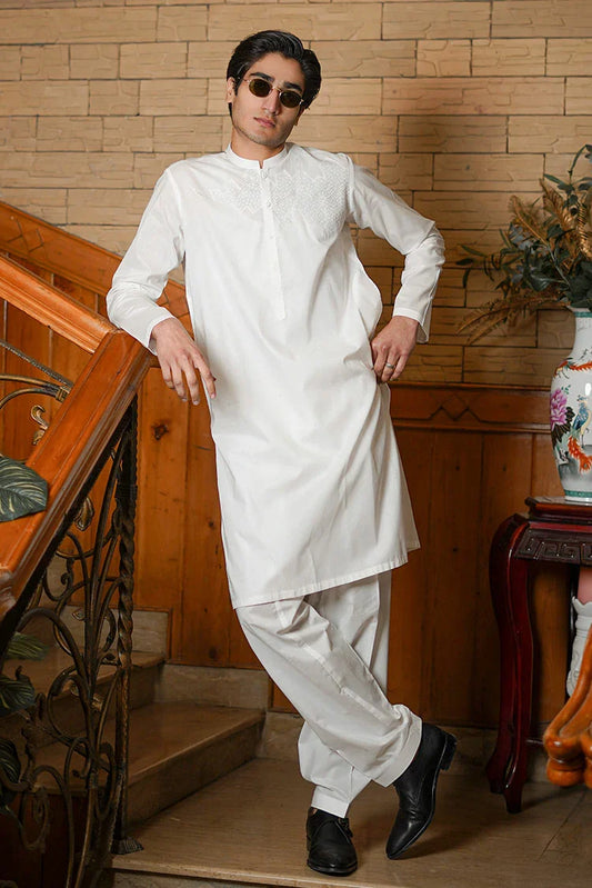 Picture of Fabrich - Men's Embroidered Unstitch Kameez Shalwar - Snow White - Available at Raja Sahib
