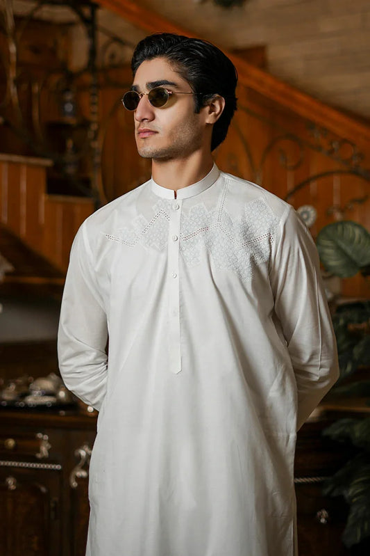 Picture of Fabrich - Men's Embroidered Unstitch Kameez Shalwar - Snow White - Available at Raja Sahib