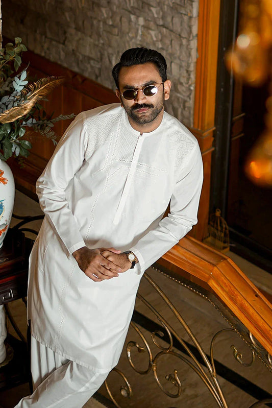 Picture of Fabrich - Men's Embroidered Unstitch Kameez Shalwar - Snow White - Available at Raja Sahib