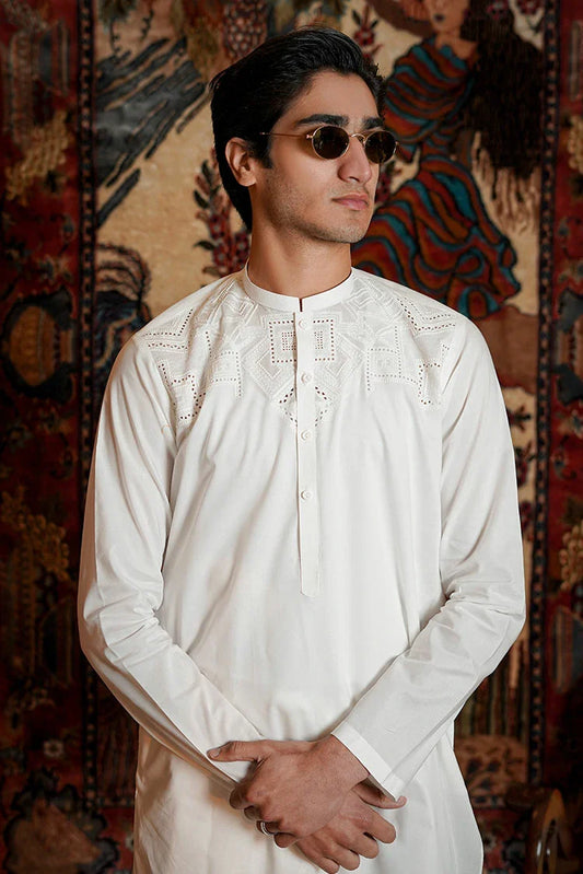 Picture of Fabrich - Men's Embroidered Unstitch Kameez Shalwar - Off White - Available at Raja Sahib