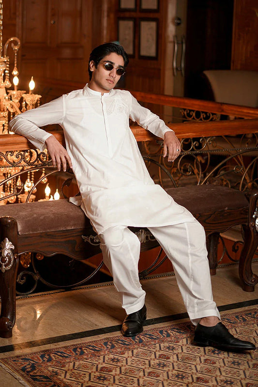 Picture of Fabrich - Men's Embroidered Unstitch Kameez Shalwar - Snow White - Available at Raja Sahib