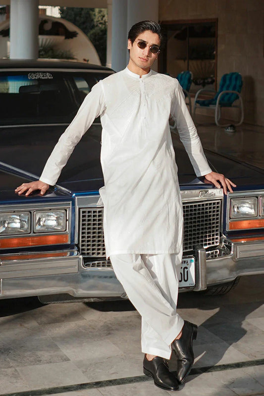 Picture of Fabrich - Men's Embroidered Unstitch Kameez Shalwar - Snow White - Available at Raja Sahib