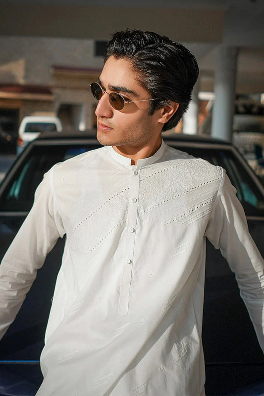 Picture of Fabrich - Men's Embroidered Unstitch Kameez Shalwar - Snow White - Available at Raja Sahib