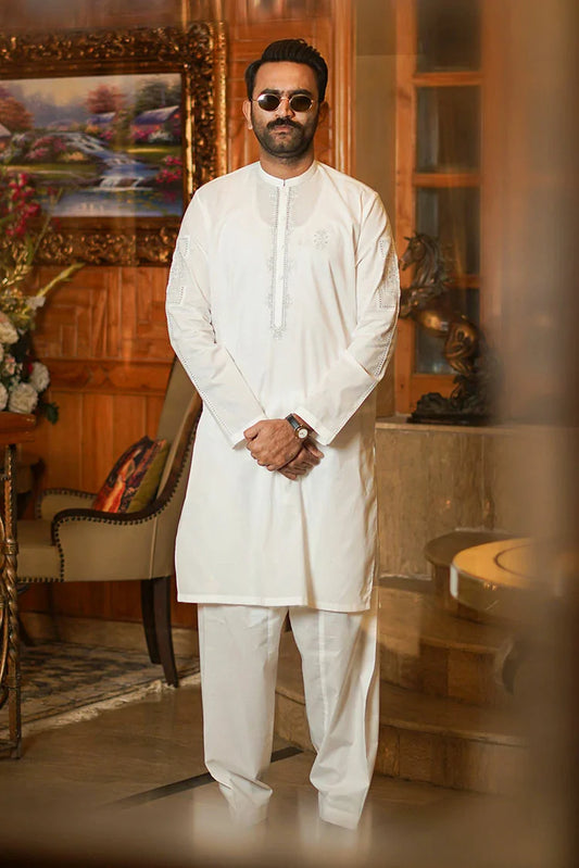 Picture of Fabrich - Men's Embroidered Unstitched Kameez Shalwar - Snow White - Available at Raja Sahib