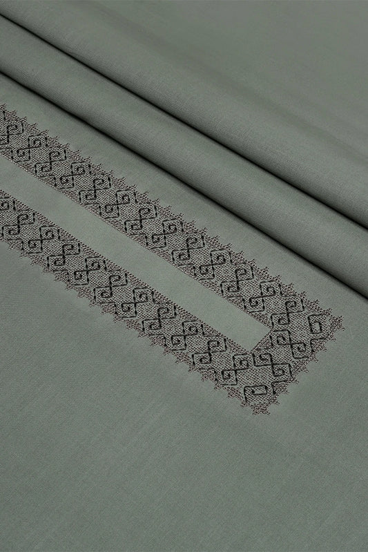 Picture of Fabrich - Men's Unstitch Cross Stitch Embroidered Neckline Kameez Shalwar - Moss - Available at Raja Sahib