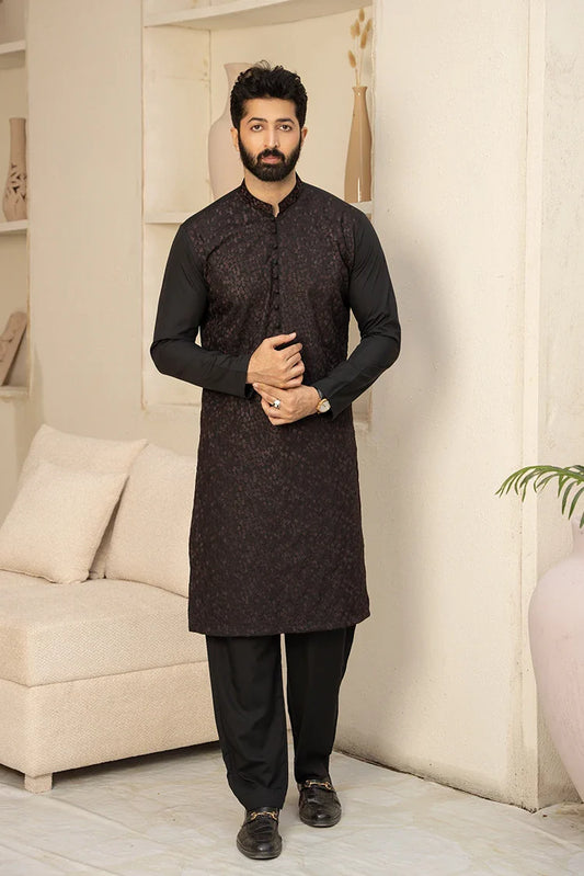 Picture of Fabrich - Men's Embroidered Unstitch Kameez Shalwar - Black - Available at Raja Sahib