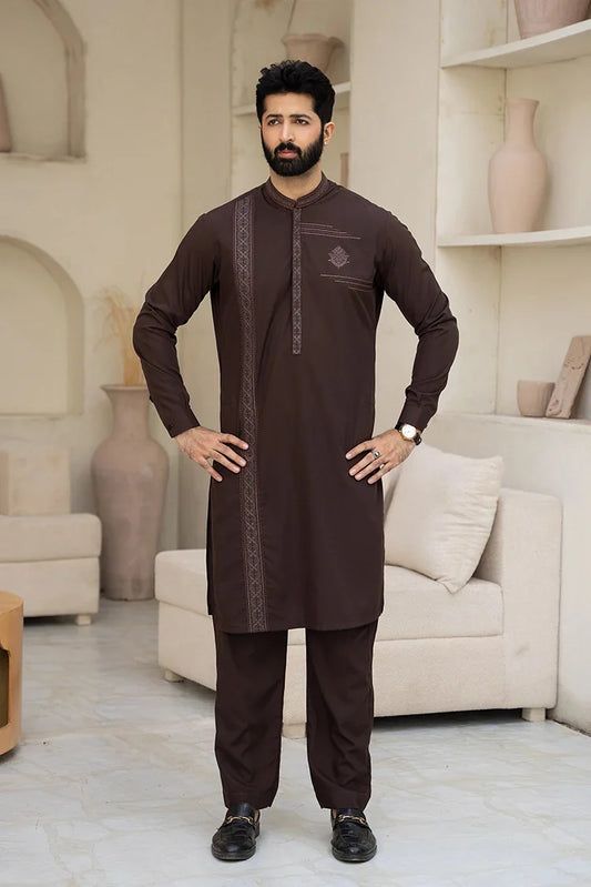 Picture of Fabrich - Men's Embroidered Unstitch Kameez Shalwar - Brown - Available at Raja Sahib