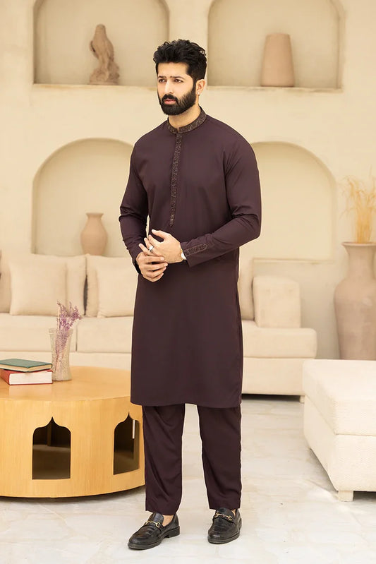 Picture of Fabrich - Men's Embroidered Unstitch Kameez Shalwar - Maroon Oak - Available at Raja Sahib