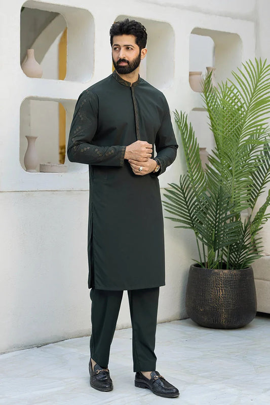 Picture of Fabrich - Men's Embroidered Unstitch Kameez Shalwar - Phthalo Green - Available at Raja Sahib