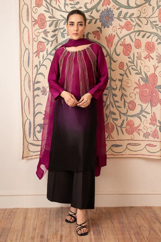 Picture of Stitch Vibes - Morganite RTW Collection - 3 PC - Magenta Tonal Embellished Dress - Available at Raja Sahib