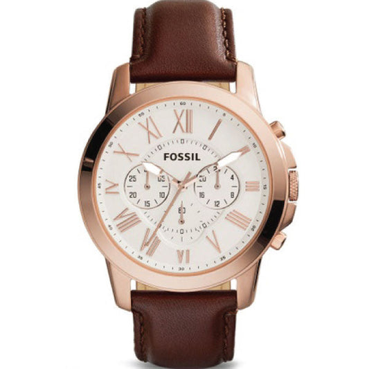 Picture of Fossil Grant Brown Leather Strap White Dial Chronograph Quartz Watch for Gents - FS4991 - Available at Raja Sahib