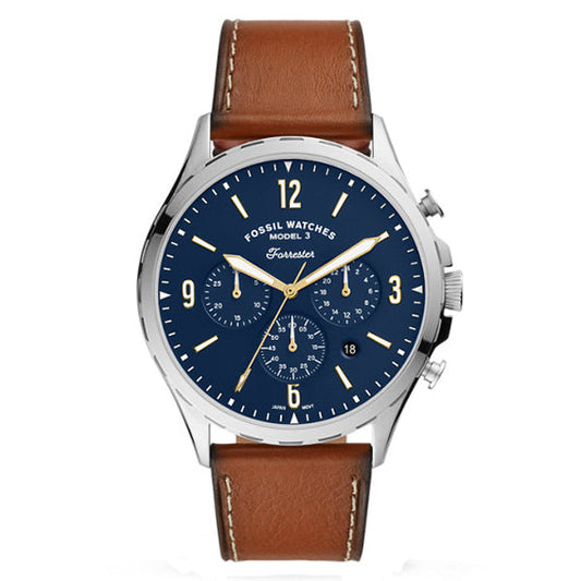Picture of Fossil Forrester Brown Leather Strap Blue Dial Chronograph Quartz Watch for Gents - FS5607 - Available at Raja Sahib