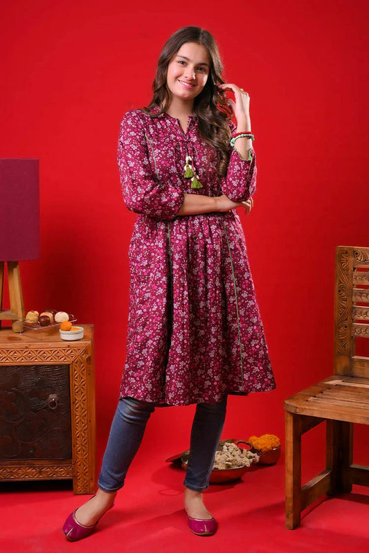 Picture of Senorita - Maroon & Multicolor - Casual Kurta - Cotton Lawn Printed - GAA-03271 - Available at Raja Sahib