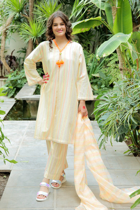 Picture of Senorita - GAD-02585 | Beige & Neon | Casual Plus 3 Piece Suit | Cotton Jacquard Neon Shade - Available at Raja Sahib