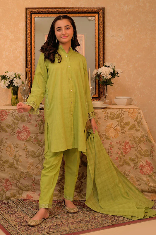 Picture of GAD-02908 | Parrot Green | Casual 3 Piece Suit | Cotton Self dobby - Available at Raja Sahib