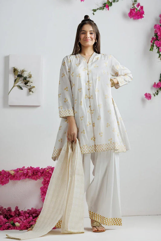 Picture of GAD-03134 | White & Gold | Casual 3 Piece Suit | Cotton Lawn Printed - Available at Raja Sahib