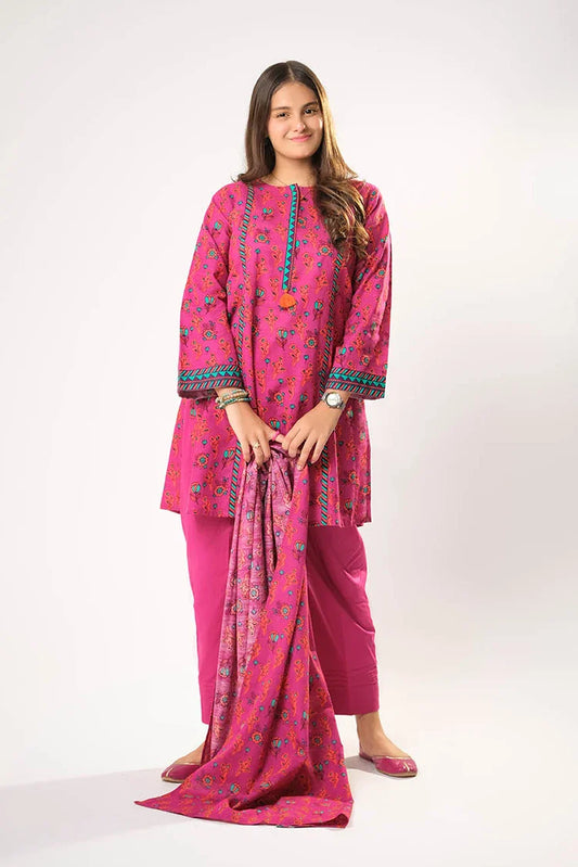 Picture of Girls winter clothes | Shocking Pink & Multicolor | Casual 3 Piece Suit | Cotton Khaddar Printed | GAD-03199 - Available at Raja Sahib