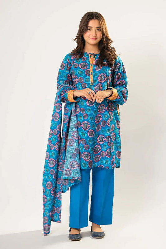 Picture of Girls winter clothes | Blue & Multicolor | Casual 3 Piece Suit | Cotton Khaddar Printed | GAD-03200 - Available at Raja Sahib